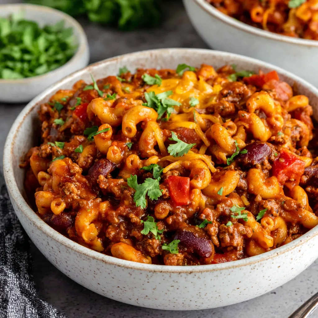 EASY CHEDDAR CHILI MAC 1 A close-up showcases a delicious bowl of Cheddar Chili Mac, perfect for a comforting meal.