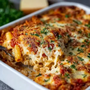 EASY CHICKEN PARMESAN CASSEROLE PERFECT 2 Chicken Parmesan Casserole, a cheesy and delicious baked pasta dish, is featured in this article.
