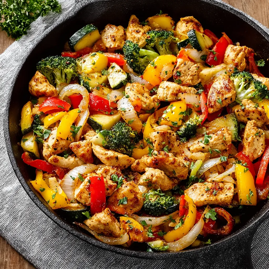 EASY CHICKEN VEGGIE SKILLET 1 A delicious and colorful Chicken Veggie Skillet, ready to be served as a healthy and flavorful meal.
