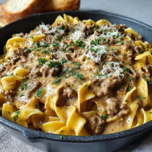 EASY GROUND BEEF STROGANOFF 2 A creamy plate of Ground Beef Stroganoff is shown as the featured image for the recipe article.