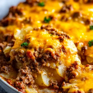 EASY HOBO CASSEROLE RECIPE PERFECT 2 A close-up shot of a delicious Hobo Casserole, showcasing its layers of ground beef, vegetables, and crispy potato topping.