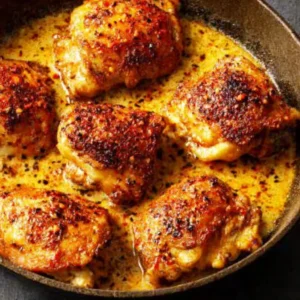 EASY SKILLET CHICKEN THIGHS 2 Golden brown Skillet Chicken Thighs are shown in a close-up featured image.