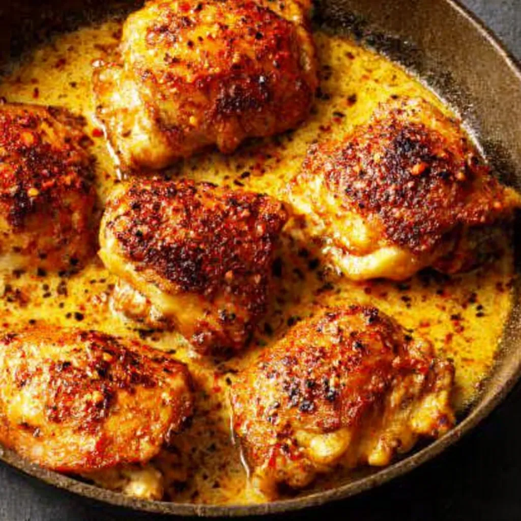 EASY SKILLET CHICKEN THIGHS 1 Golden brown Skillet Chicken Thighs are shown in a close-up featured image.