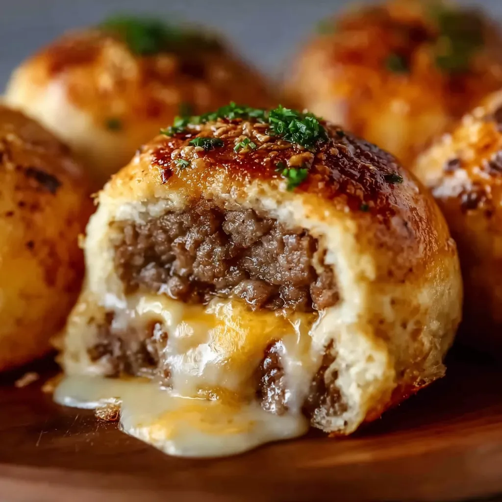 GARLIC PARMESAN CHEESEBURGER BOMBS ULTIMATE 1 Close-up view of delicious Garlic Parmesan Cheeseburger Bombs, perfect for a party appetizer or fun family meal.