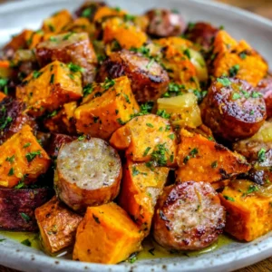 HONEY GARLIC SAUSAGE SWEET POTATO BAKE ULTIMATE 2 Honey Garlic Sausage Sweet Potato Bake featured image shows a delicious and colorful baked dish ready to be served.