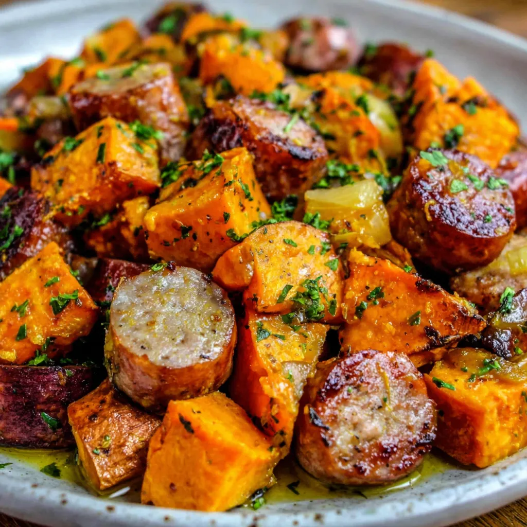 HONEY GARLIC SAUSAGE SWEET POTATO BAKE ULTIMATE 1 Honey Garlic Sausage Sweet Potato Bake featured image shows a delicious and colorful baked dish ready to be served.