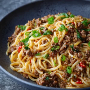 IRRESISTIBLE ASIAN GROUND BEEF NOODLE SKILLET 2 A close-up shot showcasing the delicious Asian Ground Beef Noodle Skillet, ready to be served.