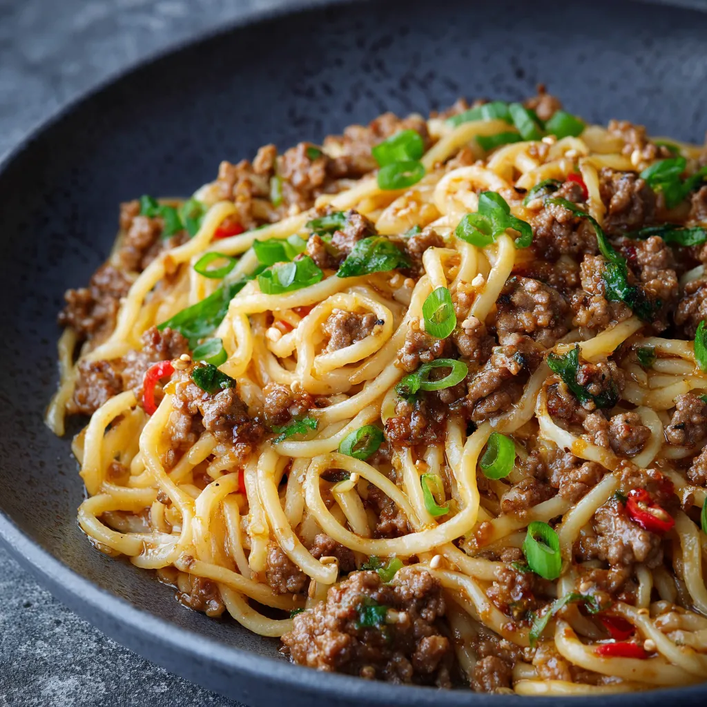 IRRESISTIBLE ASIAN GROUND BEEF NOODLE SKILLET 1 A close-up shot showcasing the delicious Asian Ground Beef Noodle Skillet, ready to be served.