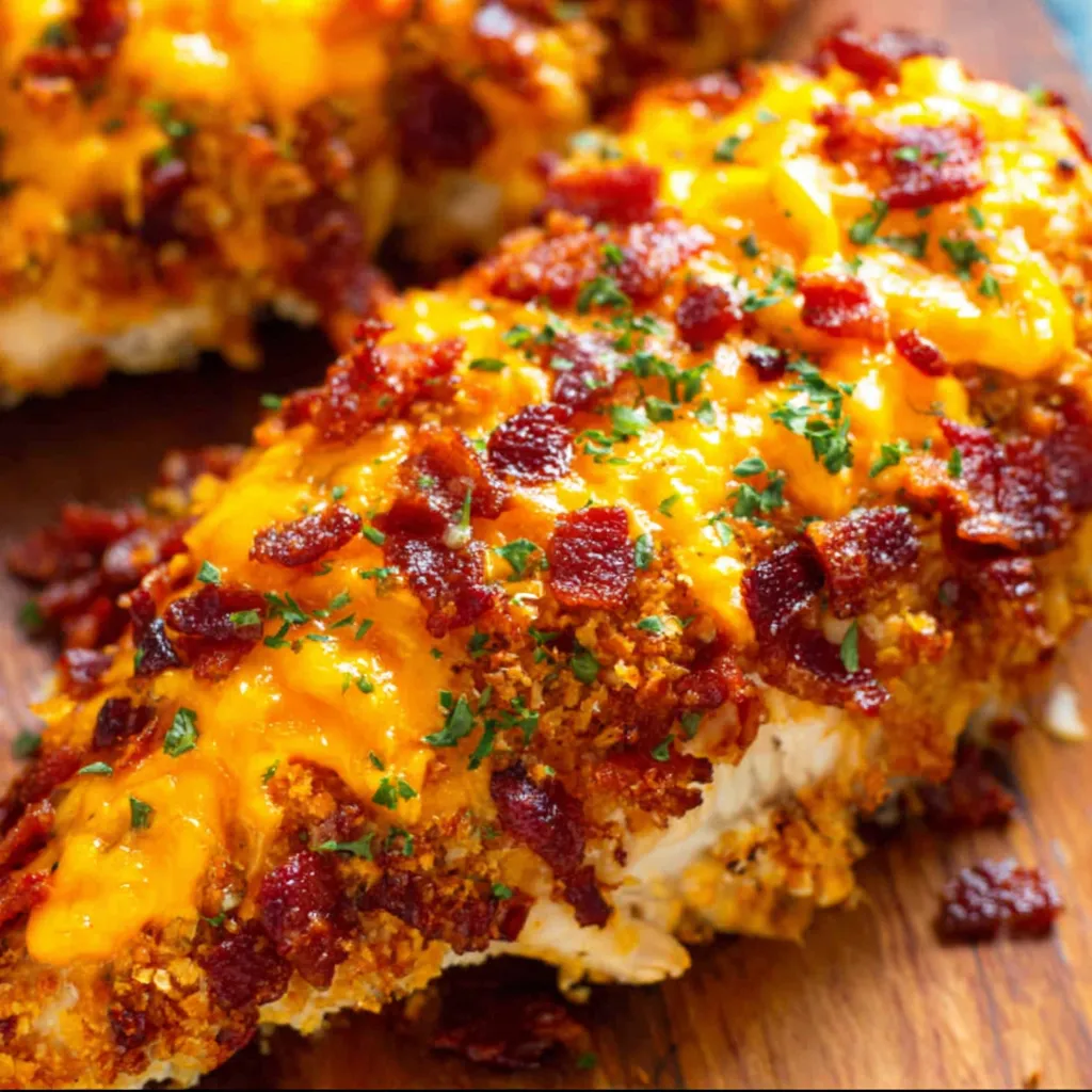 IRRESISTIBLE BAKED CRACK CHICKEN BREASTS 1 Baked Crack Chicken Breasts, golden brown and topped with bacon, cheese, and green onions, are shown in a delicious close-up shot.