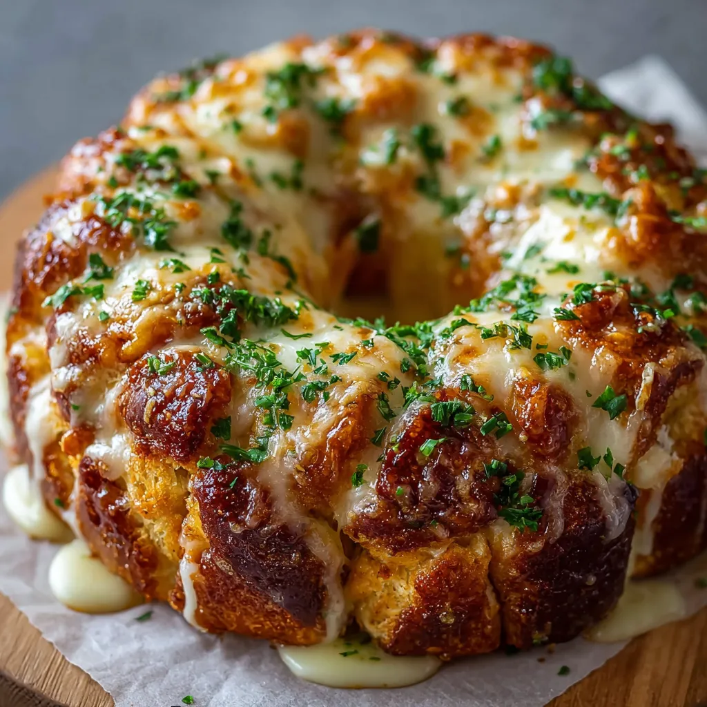 IRRESISTIBLE CHICKEN ALFREDO MONKEY BREAD 1 Chicken Alfredo Monkey Bread ready to be served, showcasing its cheesy, savory goodness.