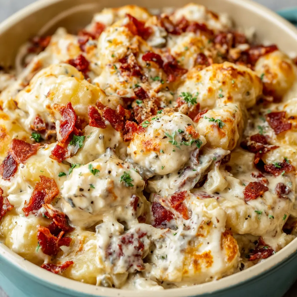 IRRESISTIBLE CRACK CHICKEN GNOCCHI 1 A close-up shot showcasing a creamy bowl of Crack Chicken Gnocchi, perfect for a comforting and flavorful meal.