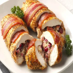 IRRESISTIBLE CRANBERRY BRIE STUFFED CHICKEN 2 Close-up of a delicious Cranberry Brie Stuffed Chicken, showcasing its golden-brown crust and creamy filling.