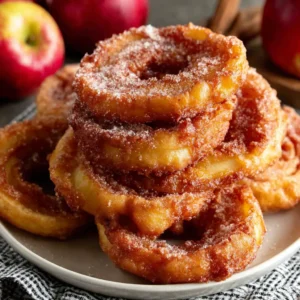 IRRESISTIBLE FRIED APPLE RINGS 2 Golden brown Fried Apple Rings are displayed as the featured image for this recipe.