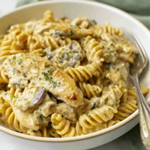 IRRESISTIBLE GARLIC PARMESAN CHICKEN PASTA 2 Close-up of a creamy Garlic Parmesan Chicken Pasta dish, showcasing tender chicken and perfectly cooked pasta.