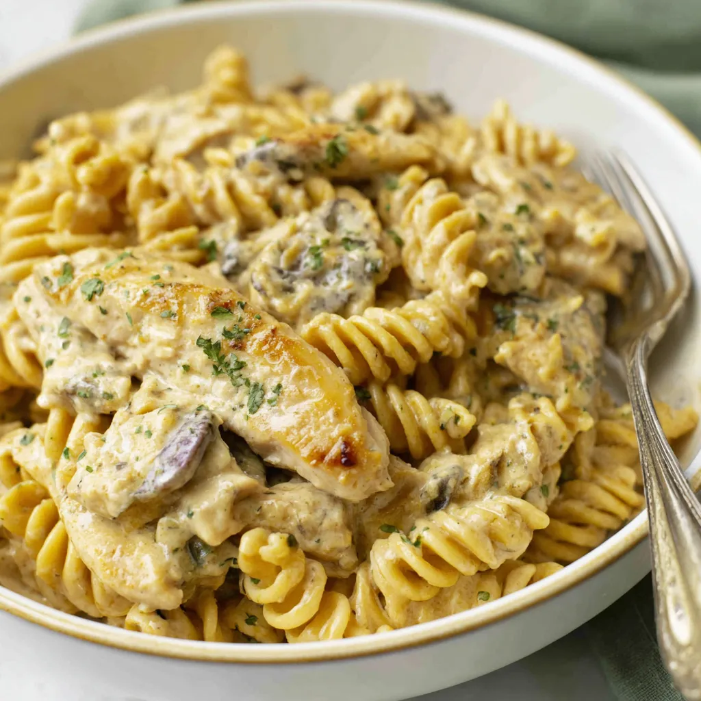 IRRESISTIBLE GARLIC PARMESAN CHICKEN PASTA 1 Close-up of a creamy Garlic Parmesan Chicken Pasta dish, showcasing tender chicken and perfectly cooked pasta.