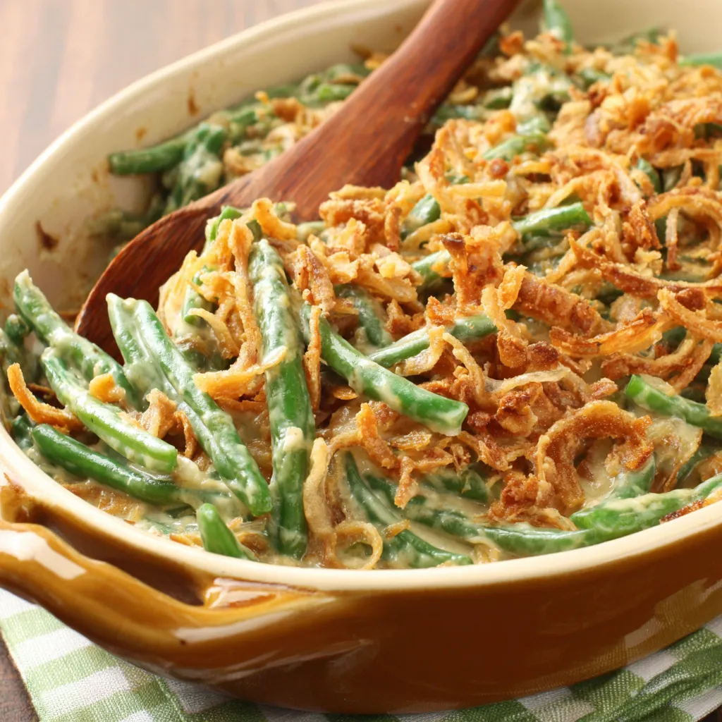IRRESISTIBLE GREEN BEAN CASSEROLE EASY 1 A close-up featured image showcases a delicious homemade Green Bean Casserole with a golden-brown topping.