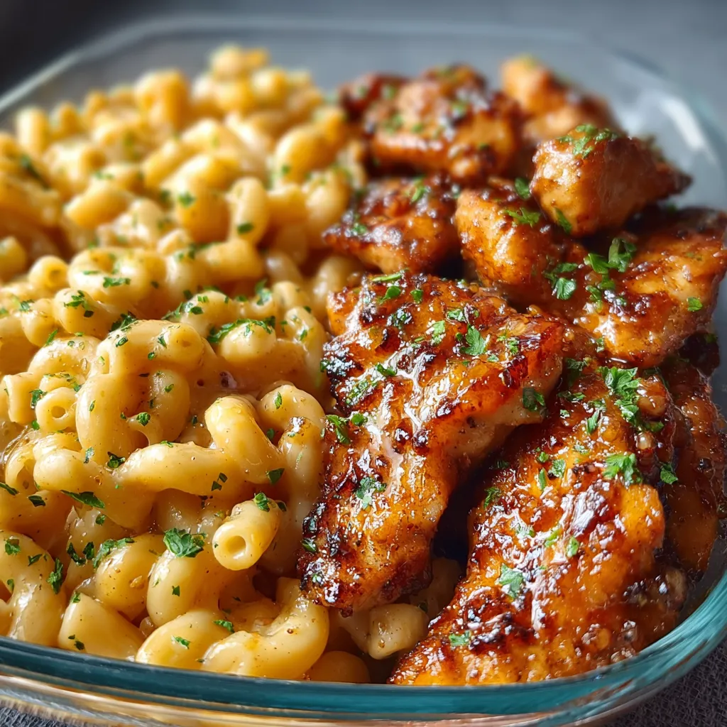 IRRESISTIBLE HONEY GARLIC BUTTER CHICKEN MAC AND CHEESE 1 Honey Garlic Butter Chicken Mac and Cheese, a creamy and delicious comfort food dish, is featured in this mouthwatering image.