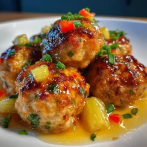 IRRESISTIBLE PINEAPPLE TERIYAKI CHICKEN MEATBALLS 2 Pineapple Teriyaki Chicken Meatballs glistening under the lights, showcasing the featured image for the recipe article.