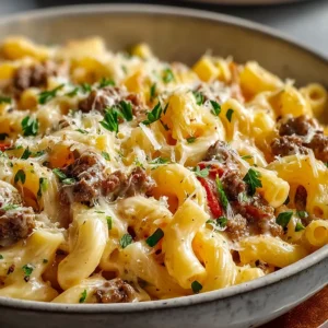 LOADED CHEESEBURGER ALFREDO PASTA ULTIMATE 2 Loaded Cheeseburger Alfredo Pasta is prominently displayed in this delicious-looking featured image.