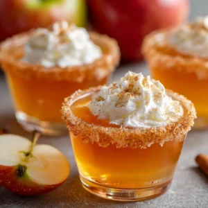 PERFECT APPLE PIE JELLO SHOTS 2 Close-up shot showcasing the creamy texture and festive presentation of Apple Pie Jello Shots.