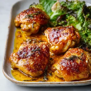 PERFECT BAKED HONEY MUSTARD CHICKEN THIGHS 2 Baked Honey Mustard Chicken Thighs are pictured in this featured image, showcasing their golden-brown, glazed appearance fresh from the oven.
