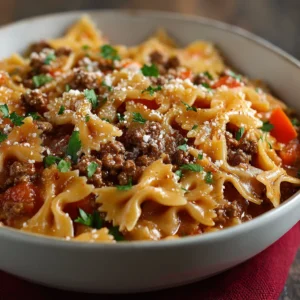 PERFECT BOWTIE PASTA WITH GROUND BEEF 2 A close-up shot showcases a delicious plate of Bowtie Pasta With Ground Beef, perfect for a hearty and satisfying meal.