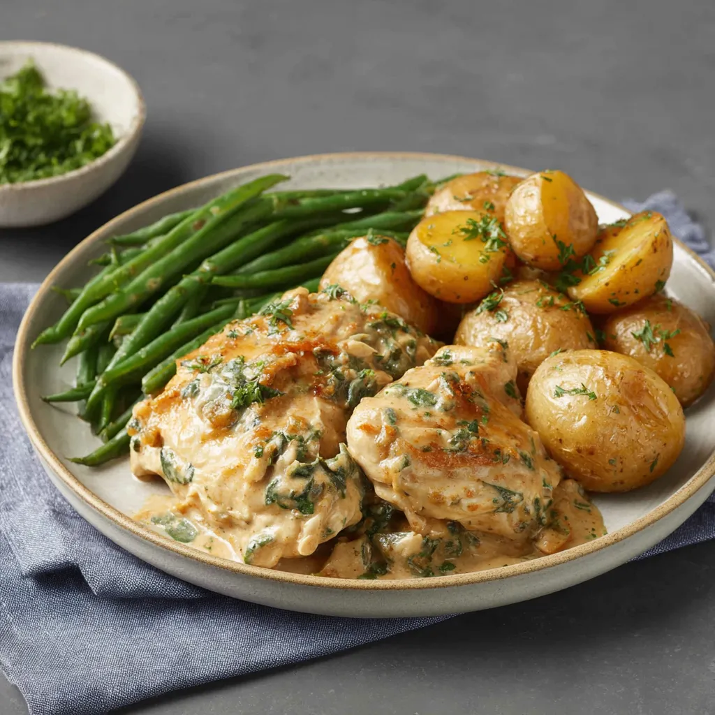 PERFECT CREAMY GARLIC PARMESAN CROCKPOT CHICKEN & POTATOES 1 Creamy Garlic Parmesan Crockpot Chicken & Potatoes, a delicious and easy dinner featuring chicken and potatoes cooked in a creamy garlic parmesan sauce.