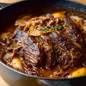 PERFECT FRENCH ONION POT ROAST 2 A close-up shows a delicious and savory French Onion Pot Roast ready to be served, highlighting the caramelized onions and tender beef.