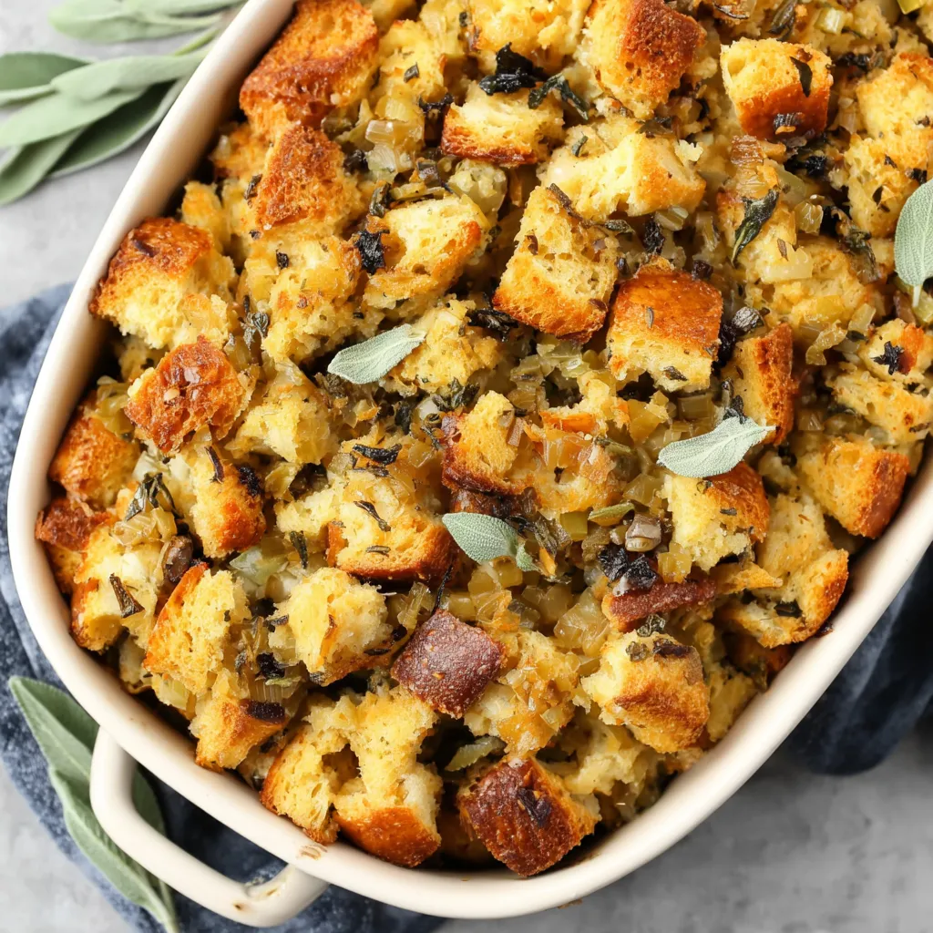 PERFECT HOMEMADE STUFFING RECIPE 1 A close-up shot showcases a delicious pan of golden-brown Homemade Stuffing, ready to be served.