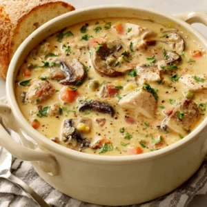 QUICK CHICKEN MUSHROOM SOUP 2 A delicious bowl of creamy Chicken Mushroom Soup is shown as the featured image.