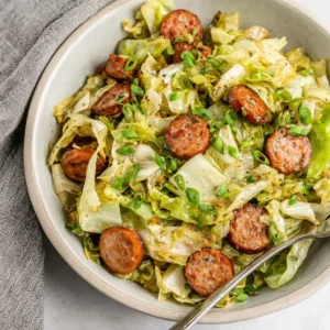 QUICK SAUSAGE AND CABBAGE STIR FRY 2 A close-up shot showcases a colorful and delicious Sausage And Cabbage Stir Fry, ready to be enjoyed.
