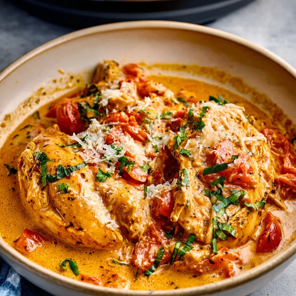 SLOW COOKER CREAMY TOMATO BASIL CHICKEN IRRESISTIBLE 1 Slow Cooker Creamy Tomato Basil Chicken served as a delicious and easy featured meal.