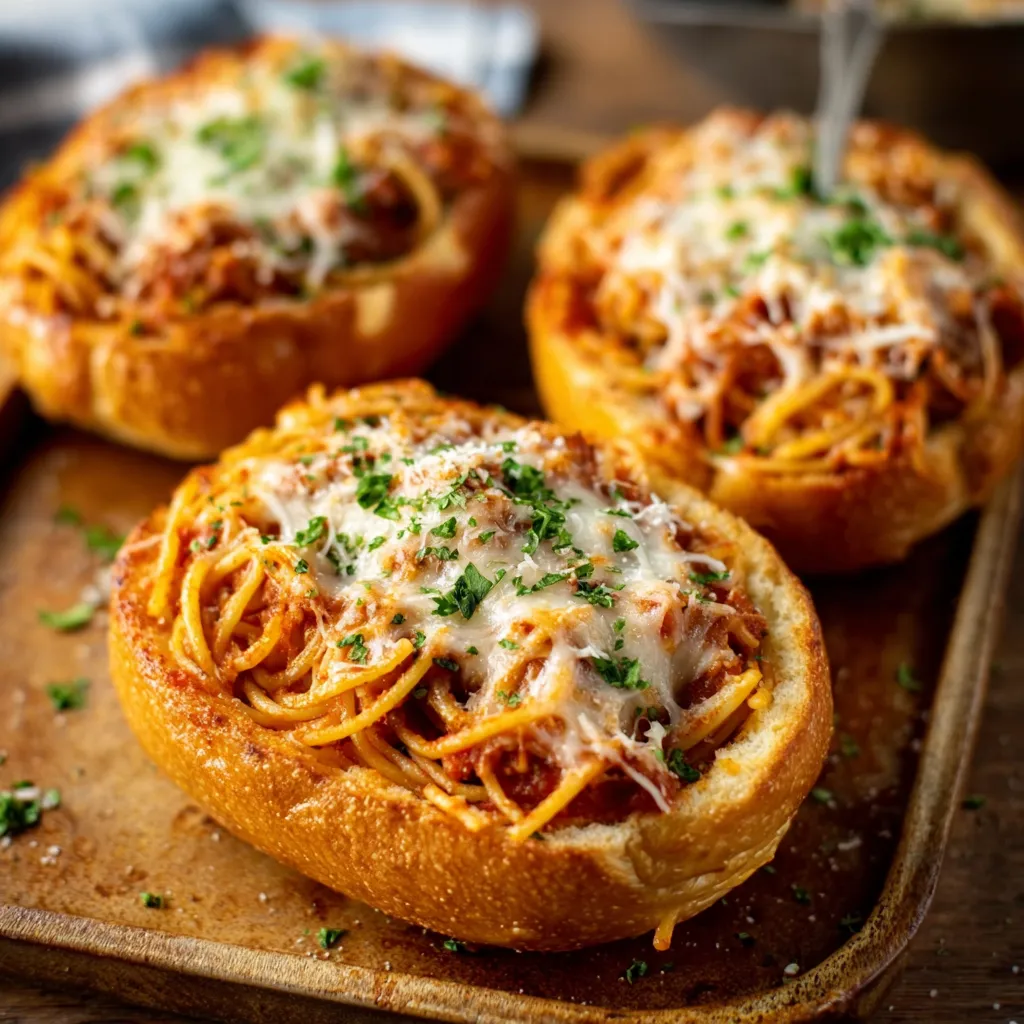 SPAGHETTI GARLIC BREAD BOWLS ULTIMATE 1 A close-up shows delicious Spaghetti Garlic Bread Bowls, perfect for a comforting and easy meal.