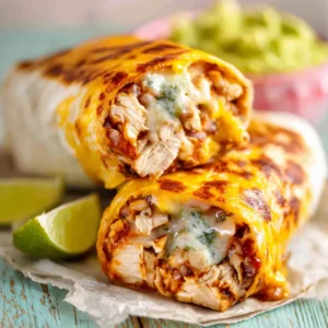 SPICY CHICKEN BURRITO ULTIMATE RECIPE 2 A close-up shot showcases a delicious and fiery Spicy Chicken Burrito, ready to be enjoyed.