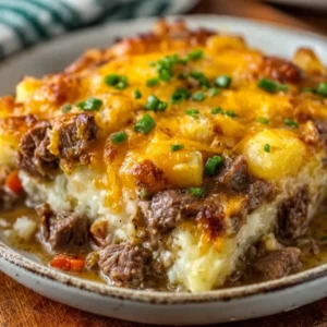 STEAK CHEDDAR POTATO CASSEROLE EASY 2 Steak Cheddar Potato Casserole, a delicious baked dish with layers of steak, cheddar cheese, and potatoes, is featured as the main image.