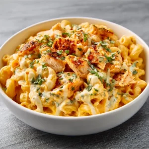 ULTIMATE BUFFALO CHICKEN MAC AND CHEESE 2 Delicious Buffalo Chicken Mac and Cheese, a creamy and spicy comfort food dish, is featured in this recipe article.