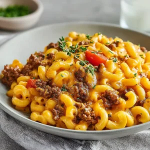ULTIMATE CHEESEBURGER MACARONI RECIPE 2 A close-up showcases a tempting bowl of Cheeseburger Macaroni, highlighting the cheesy sauce, ground beef, and macaroni noodles.