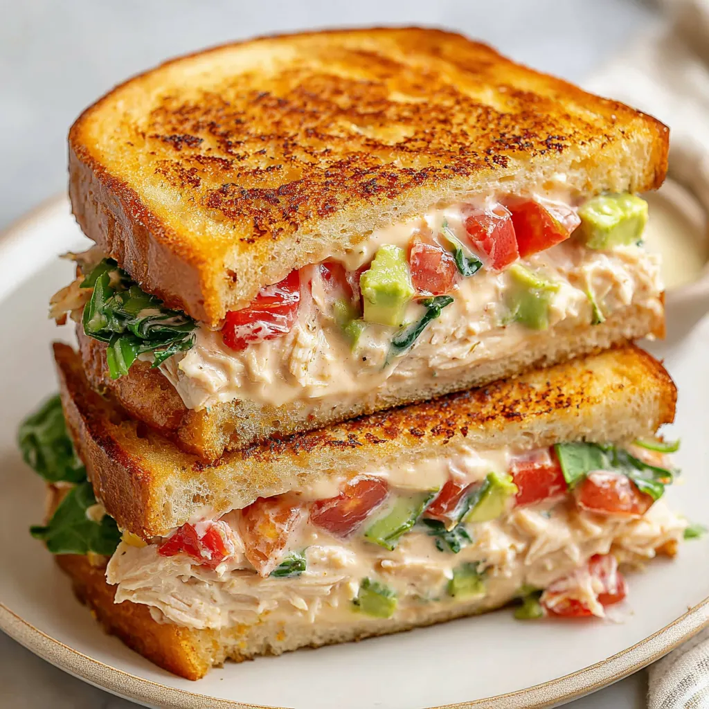 ULTIMATE CHICKEN AVOCADO MELT SANDWICH 1 A delicious Chicken Avocado Melt Sandwich is featured in this appetizing image.