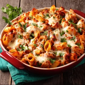 ULTIMATE CHICKEN MOZZARELLA PASTA 2 Overhead view of a delicious plate of Chicken Mozzarella Pasta, showcasing melted cheese and tender chicken.