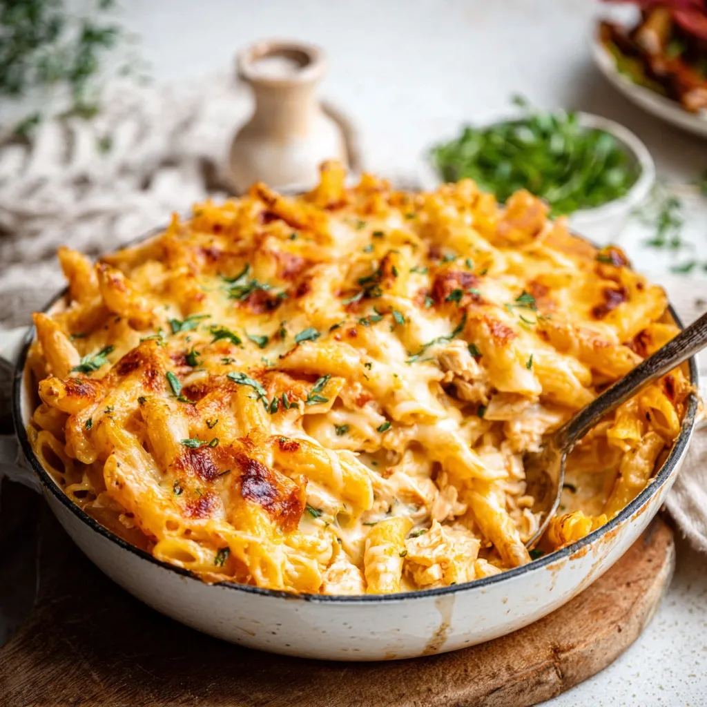 ULTIMATE CREAMY CHEESY CHICKEN PASTA BAKE 1 Creamy Cheesy Chicken Pasta Bake, baked until golden brown and bubbly, is a comforting and delicious featured dish.