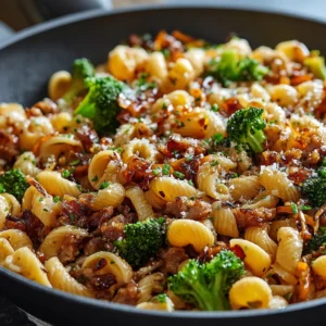 ULTIMATE FRENCH ONION PASTA 2 A close-up shot showcases a delicious plate of French Onion Pasta, highlighting the caramelized onions and creamy sauce.