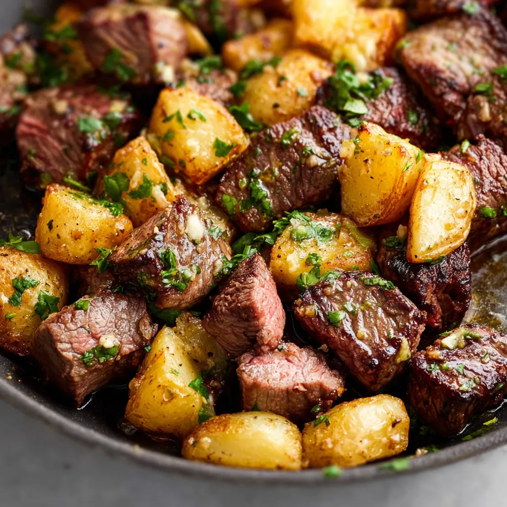 ULTIMATE GARLIC BUTTER STEAK BITES AND POTATOES 1 Garlic Butter Steak Bites And Potatoes are shown as a delicious and tempting featured image for the recipe.