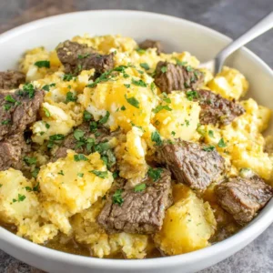 ULTIMATE STEAK AND CHEDDAR POTATO CASSEROLE 2 A close-up shows a delicious Steak And Cheddar Potato Casserole, perfect for a hearty meal.