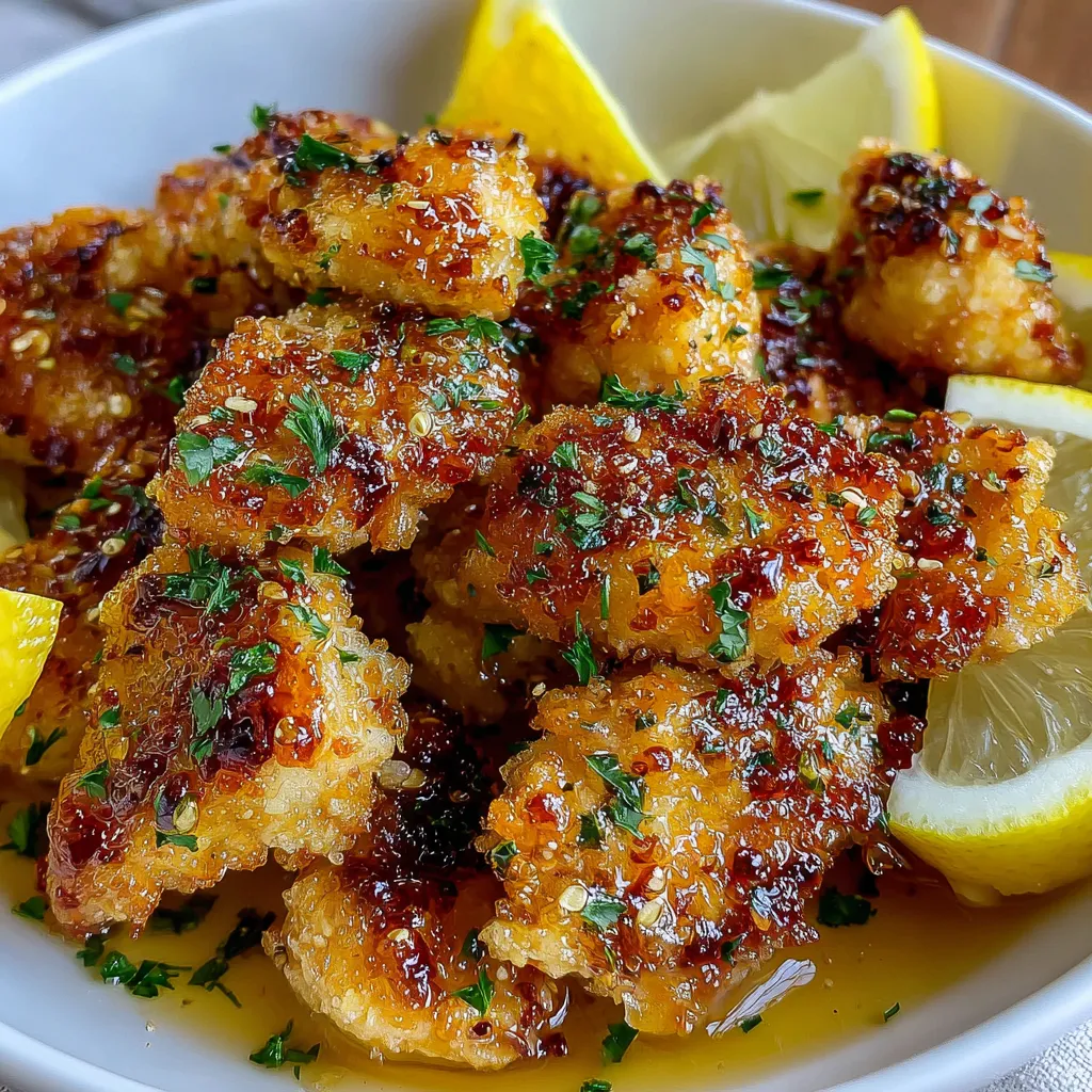 Close-up view of crispy and golden Air Fryer Lemon Chicken Bites arranged on a plate, showcasing their appetizing texture and vibrant color.