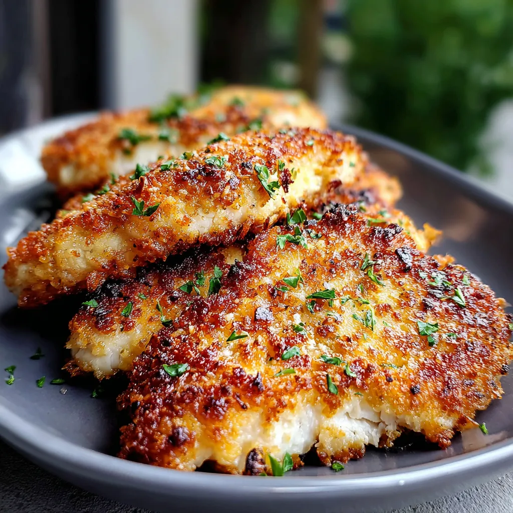 Close-up of golden brown Air Fryer Parmesan Crusted Chicken fresh out of the air fryer.