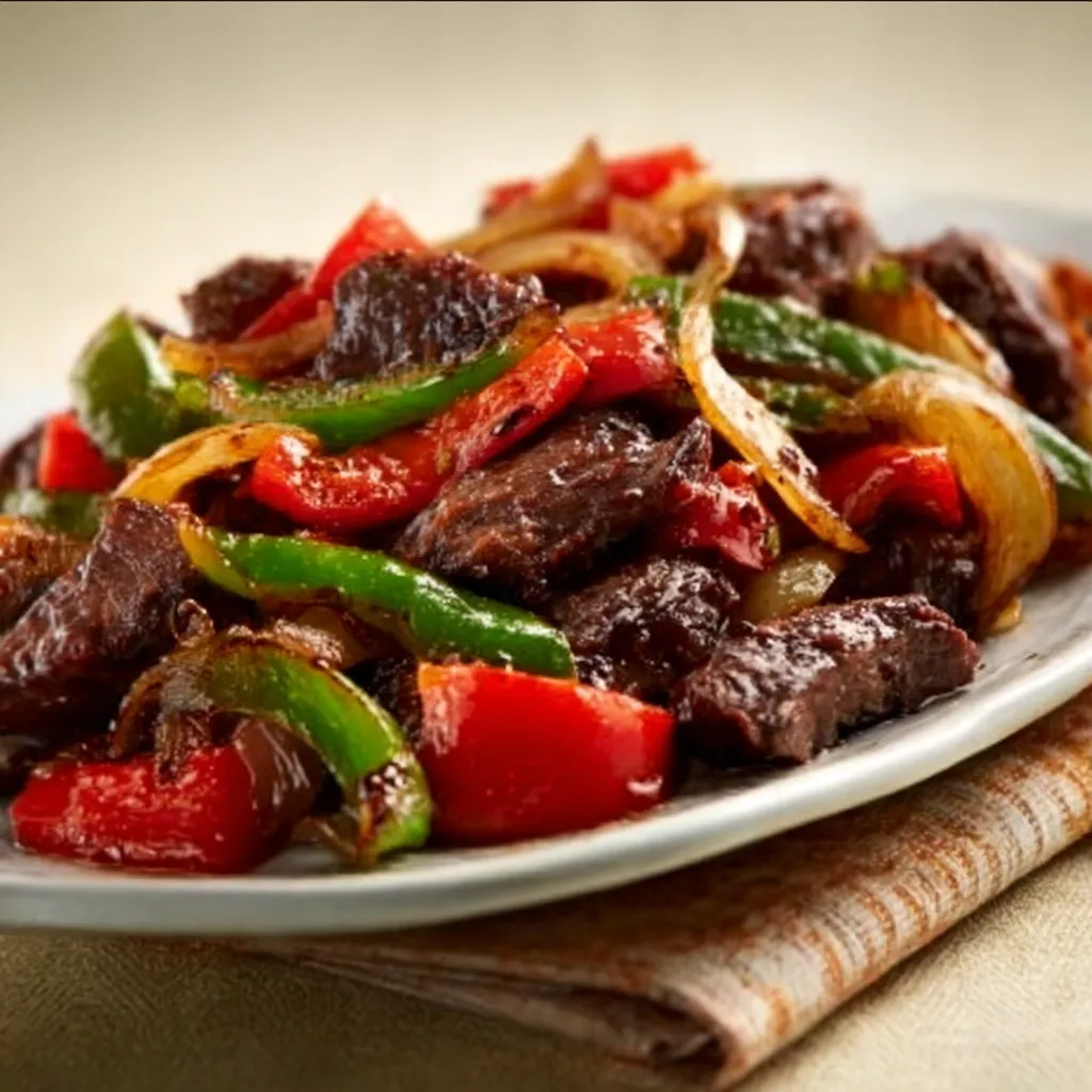Close-up shot of delicious Chinese Pepper Steak, showcasing its vibrant colors and savory sauce.