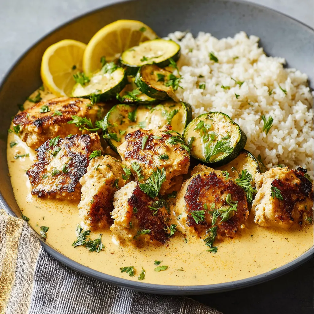 A close-up shot showcases the rich, creamy sauce and tender chicken pieces of the prepared Creamy Lemon Butter Chicken dish.