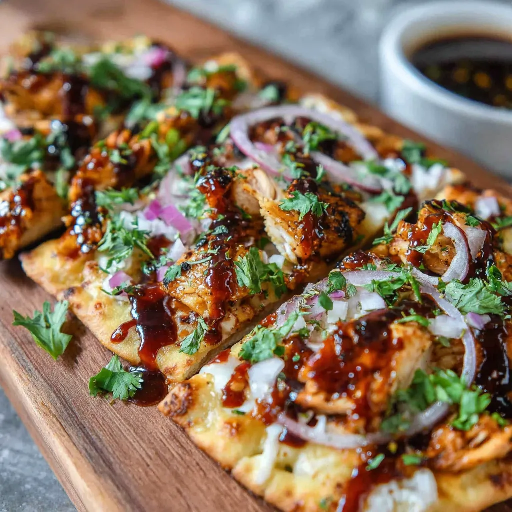 Close-up of a delicious High Protein BBQ Chicken Flatbread, showcasing the melted cheese and tender chicken.