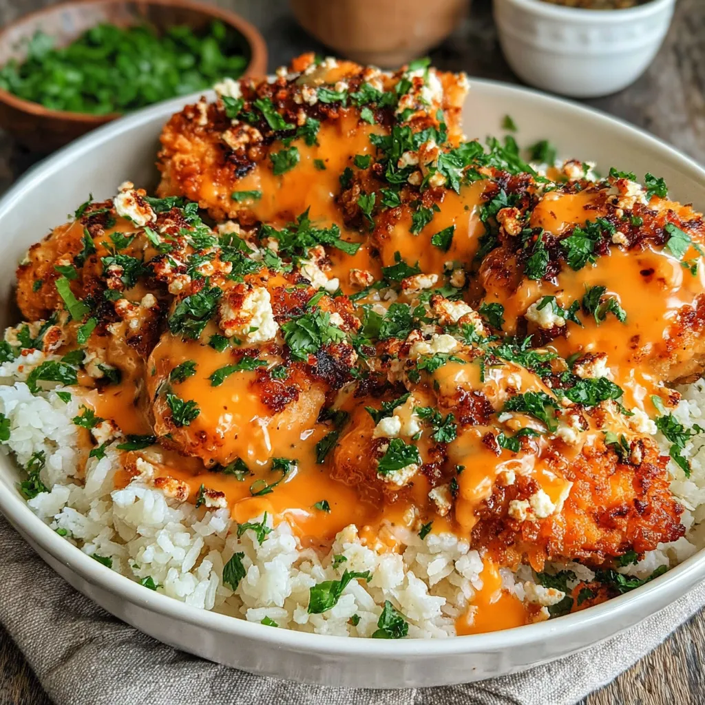 Close-up of delicious Spicy Crispy Hot Honey Feta Chicken, showcasing its crispy coating and feta topping.