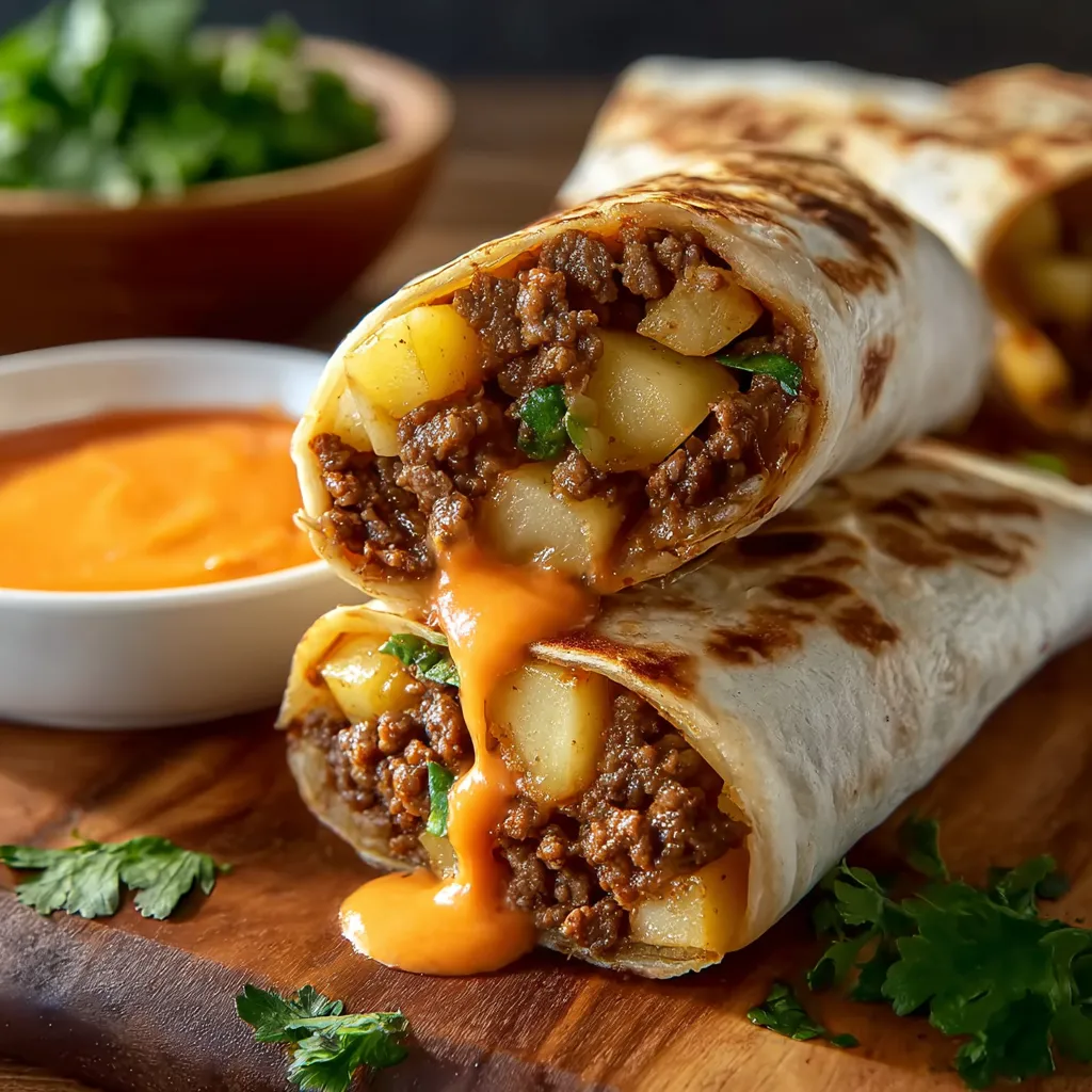 Close-up of a hearty Beef & Potato Burrito, showcasing its delicious filling.